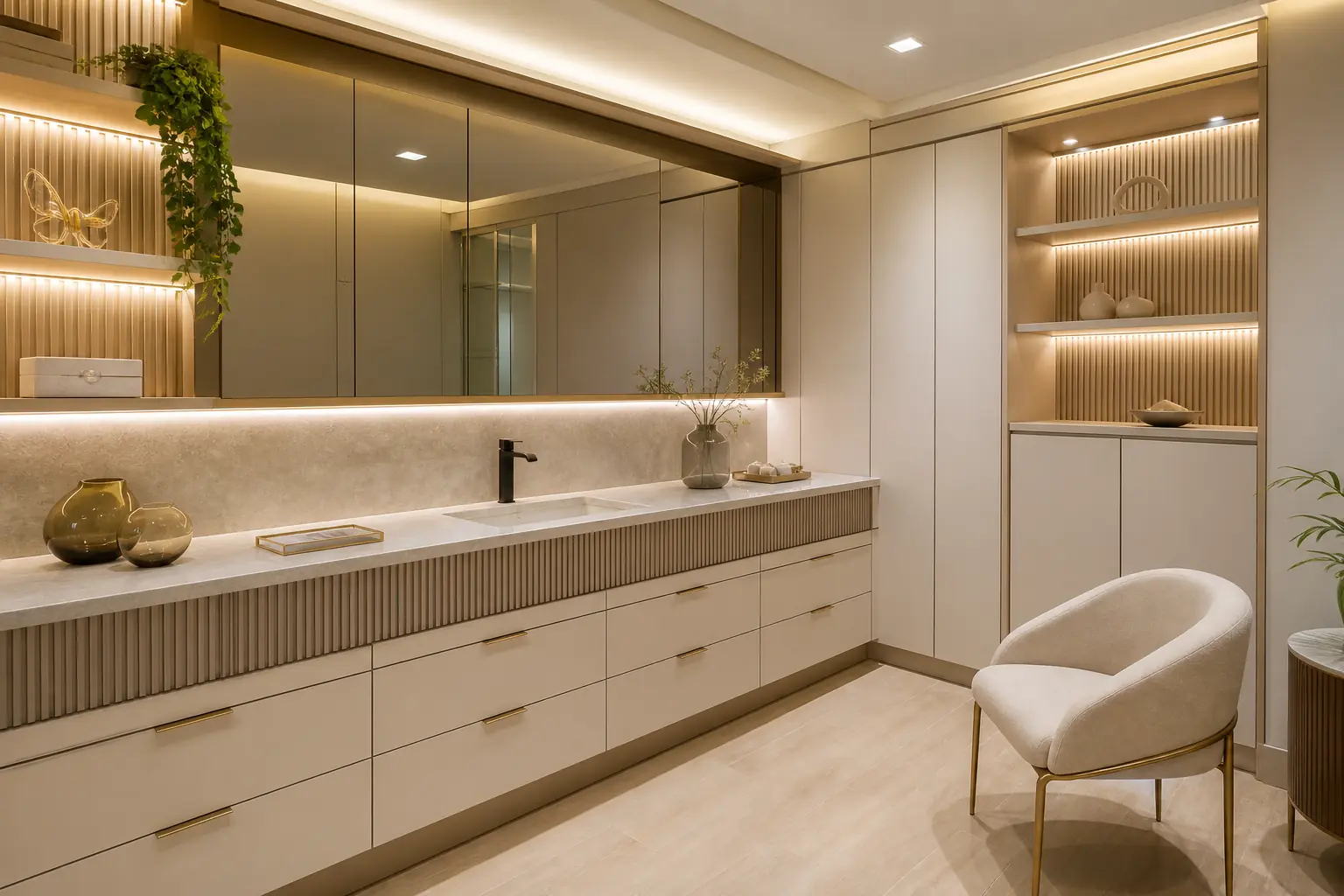 Sala profissional com mesa, armário em madeira e acabamento premium