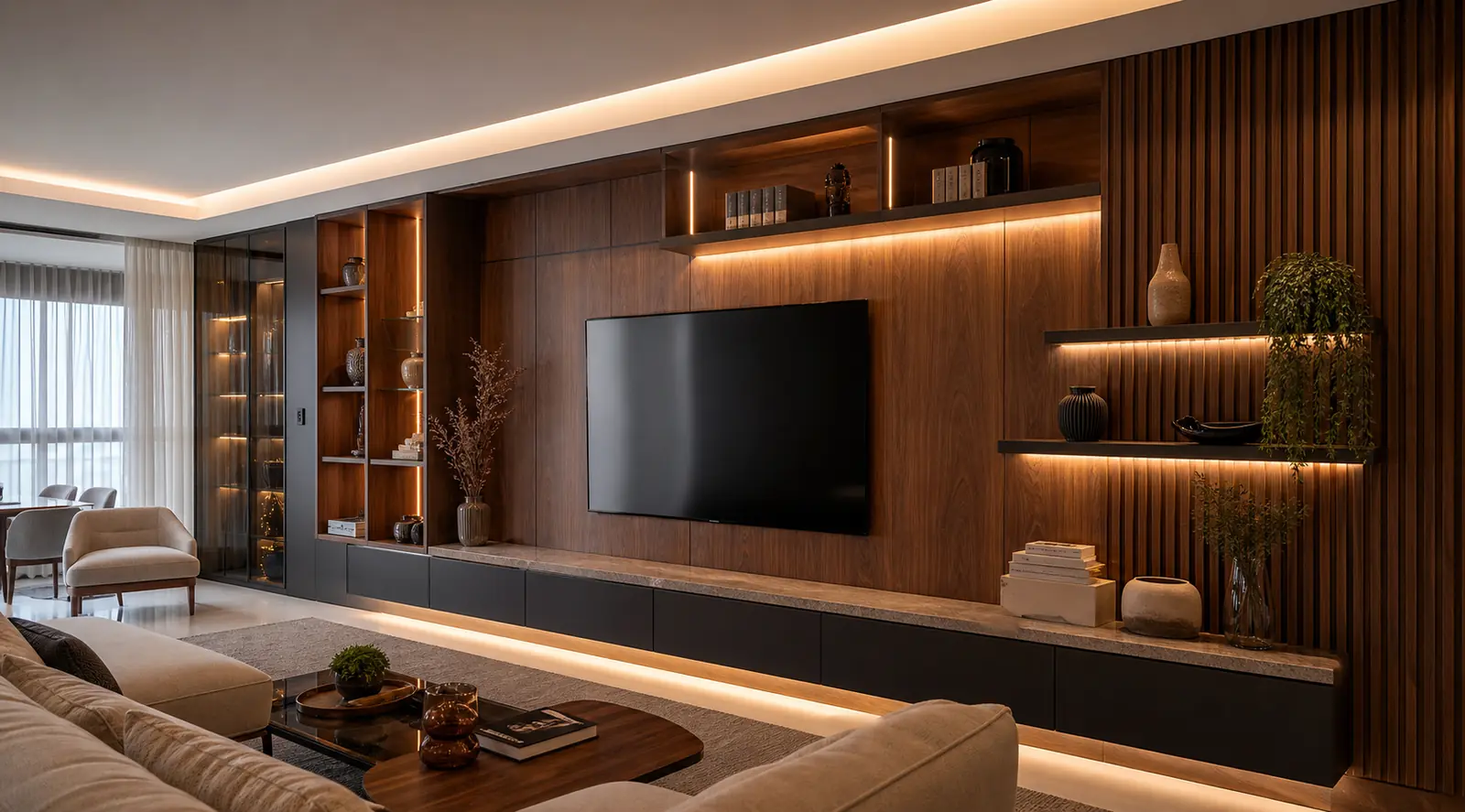 Sala planejada com painel de TV em madeira, nichos iluminados e móvel baixo